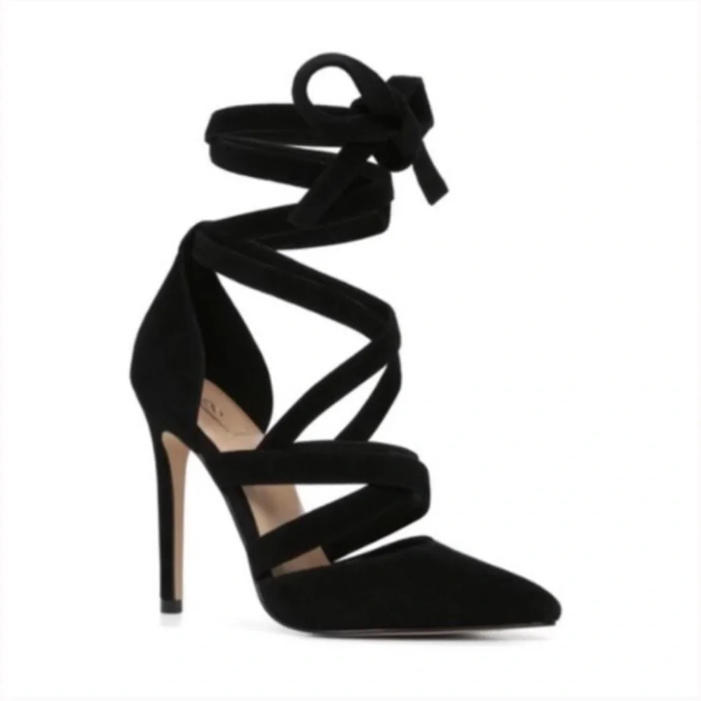 Aldo faux suede black tie up wrap stiletto heels, 7.5 - Picture 1 of 8